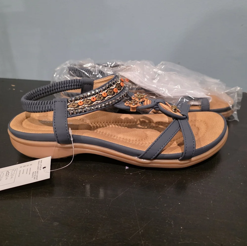 Little Plum Stylish Women's Sandals with Blue and Tan Accents - Picture 1 of 3